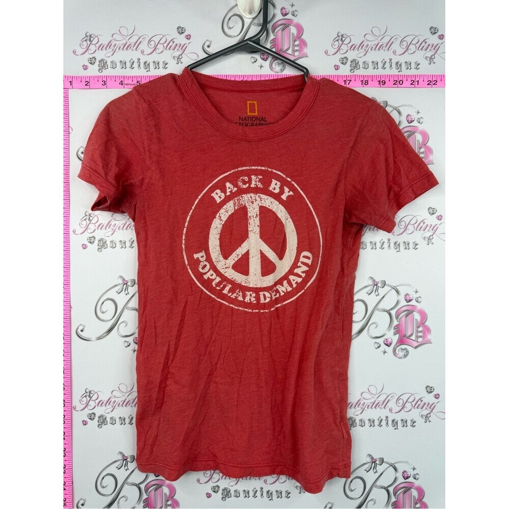 National Geographic 2008 shirt Red orange Graphic Tee with White Peace Sign